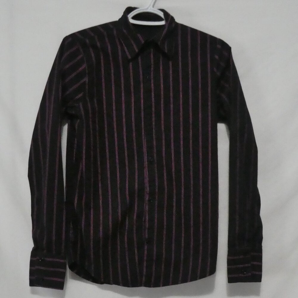 Black Button-Up Dress Shirt With Purple Stripes | medium | 1 Missing Button